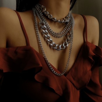 SHIXIN Punk Exaggerated Big Layered Thick Cuban Link Chain Choker Necklace Women Fashion Hippie Modern Night Club Jewelry Gifts